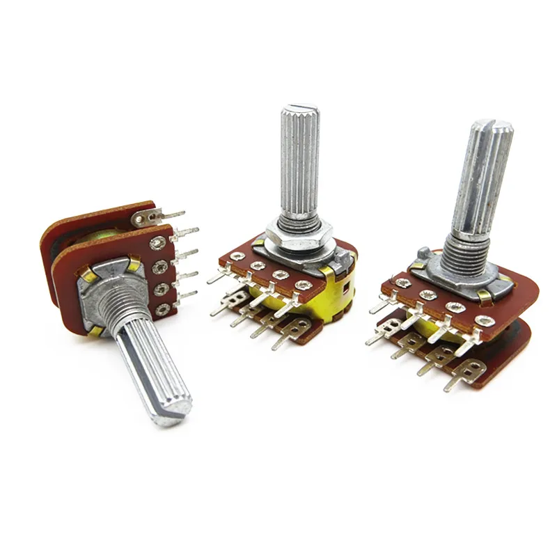 2 unidades WH-148 Potenciómetro de volumen de audio con interruptor, doble de 8 pines, tipo 16, con paso, WH148 B50K B100K, eje de ciruela de 20 mm y 25 mm