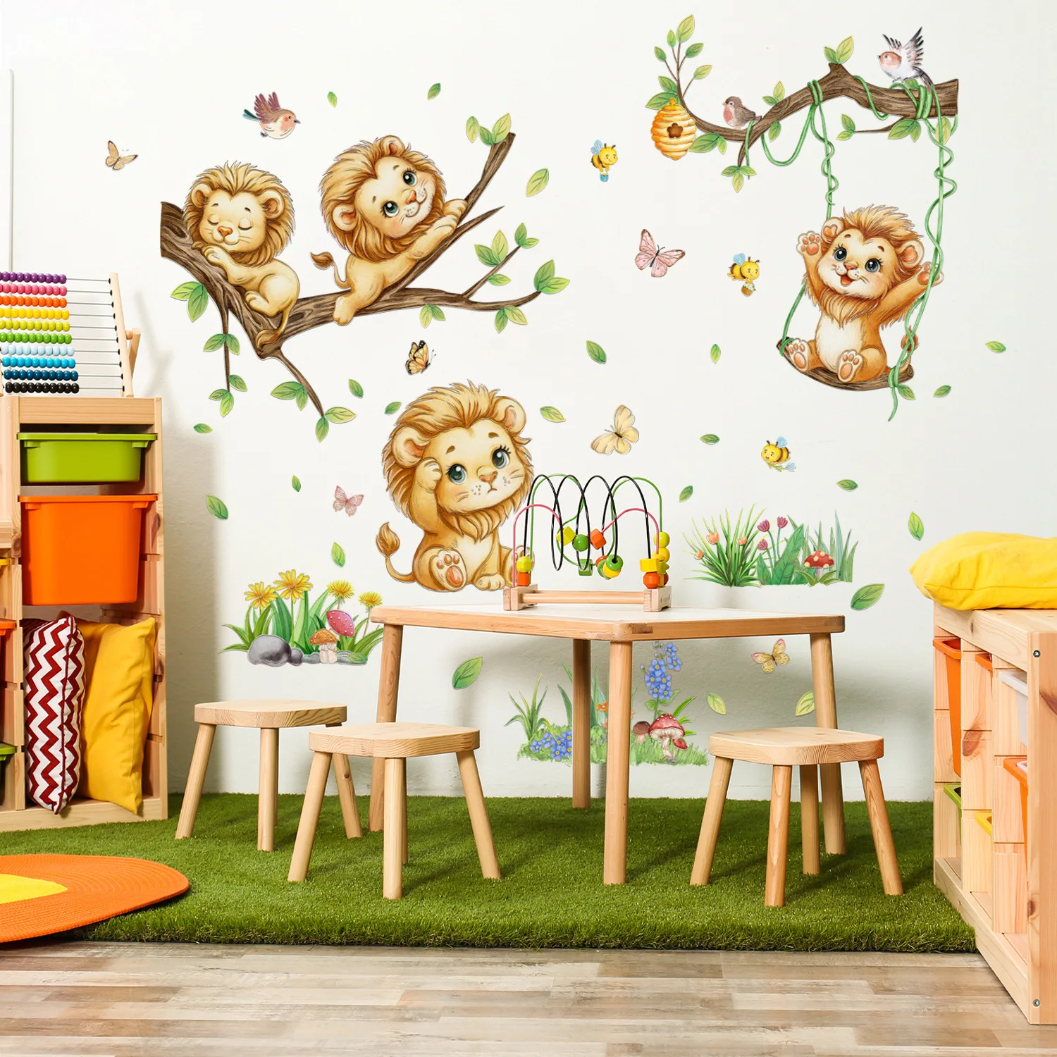 

Lion & Pine Tree Wall Decals - Cartoon Animal Forest Stickers for Kids' Room & Bedroom