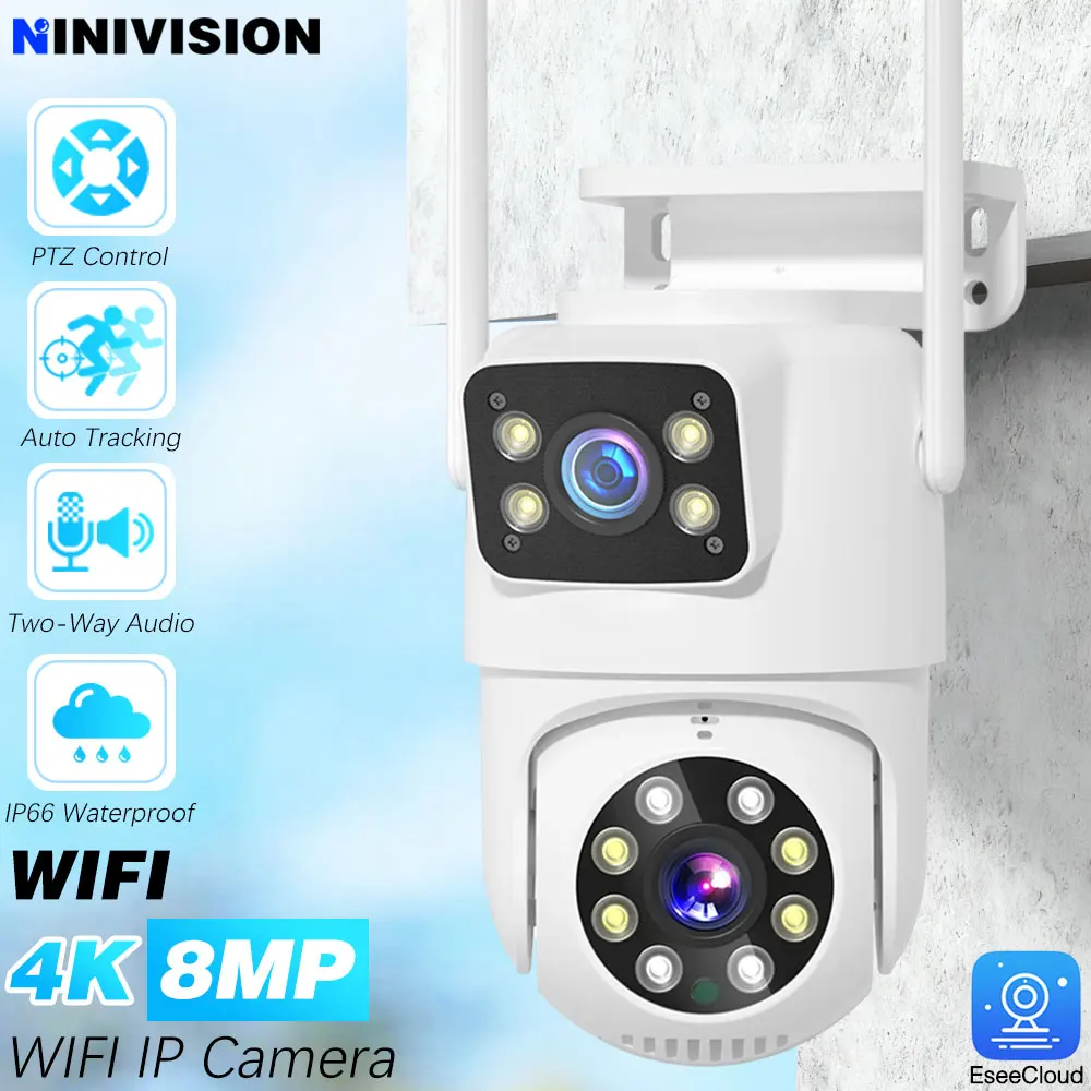 4K 8MP WIFI Dual Lens Dual Screen Auto Tracking PTZ Camera Home Survalance Wireless CCTV Outdoor Security Protection EseeCloud