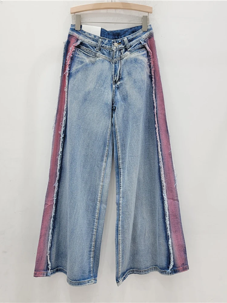 DEAT Women Jeans High Waist Loose Patchwork Contrast Color Straight Burrs Edge Wide Leg Denim Pants 2024 Autumn New Fashion