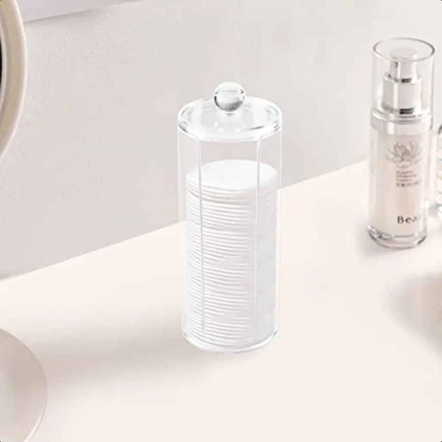 アクリル製コットンラウンドホルダー、蓋付き、化粧台用、メイク落としパッドオーガナイザー、透明な丸型コスメティック収納ディスプレイケース