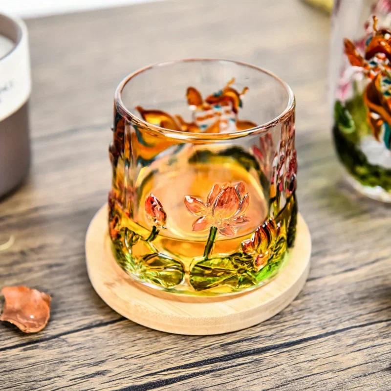 1 Pcs Elegant Koi Fish and Lotus Glass Rotating Cup with Bracket Perfect Gift Idea Handmade Transparent Glass Whiskey Cup
