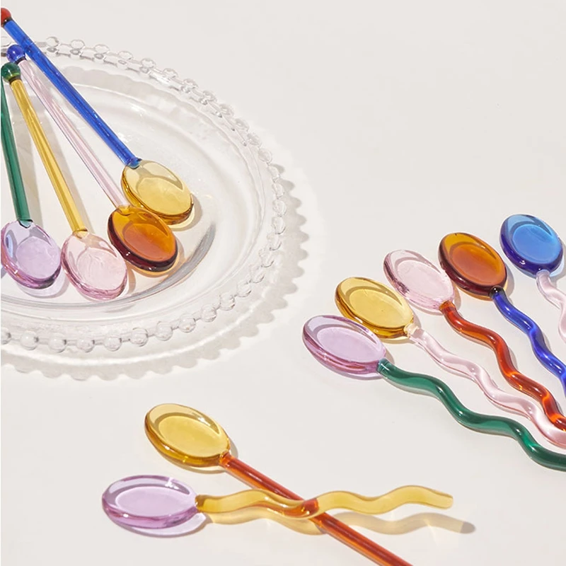 Colored Glass Mixing Spoons Transparent Glass Spoons For Fruit Juice Coffee Iced Beverage Mixing Spoons Home Tableware Dropship