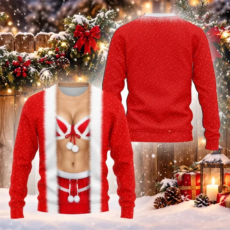 Neuartiger hässlicher Weihnachtspullover, lustiger 3D-Sweatshirt mit Fake-Muskel-Grafik, Unisex-Pullover für Herbst und Winter, Familienfeier, Weihnachtsgeschenk – Detail 9