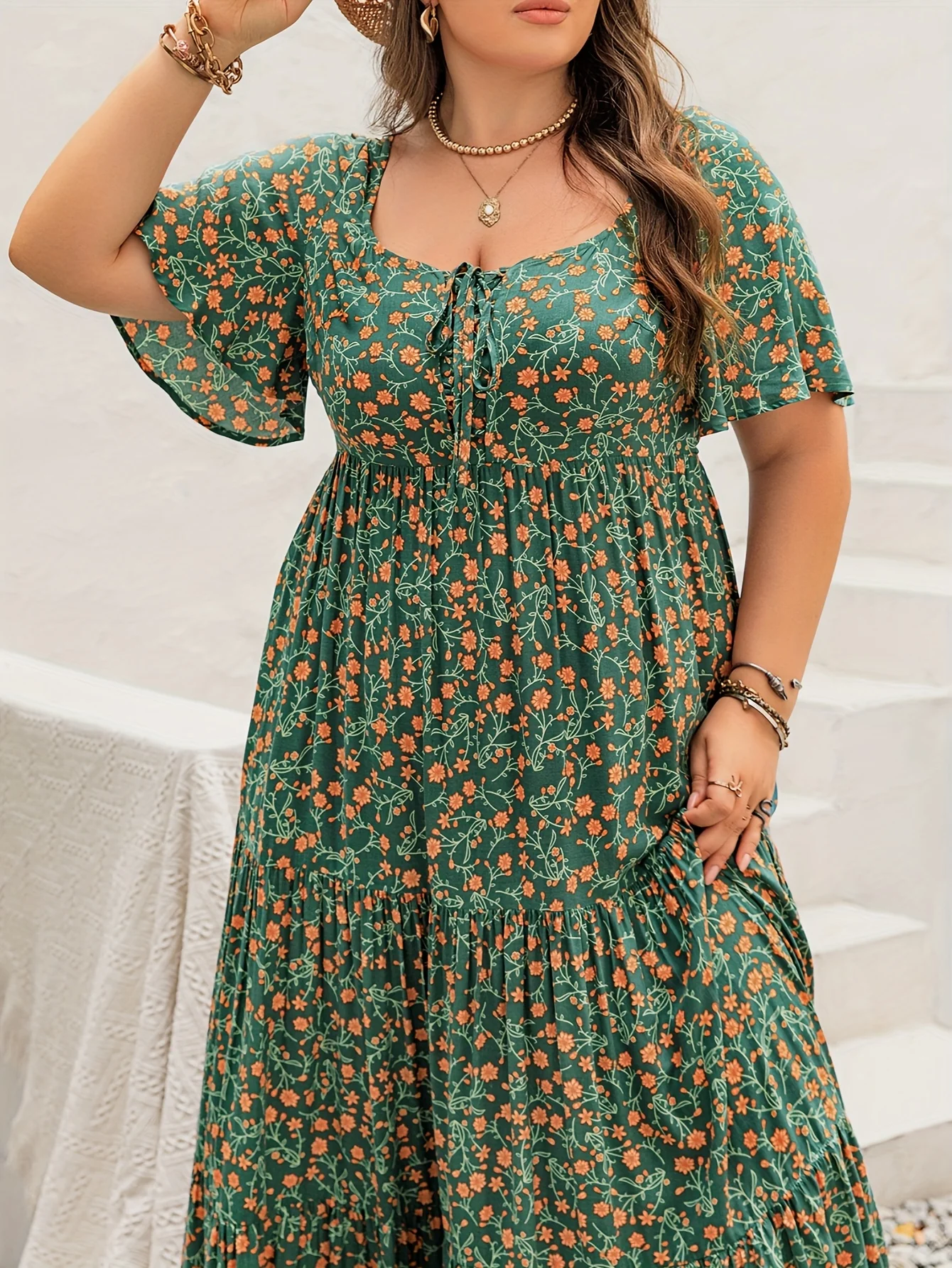 Plus Size Bohemian Long Dress for Women French Collar Adjustable Tie Print in Large Size Ladies Gown with Boho Chic Style view 6
