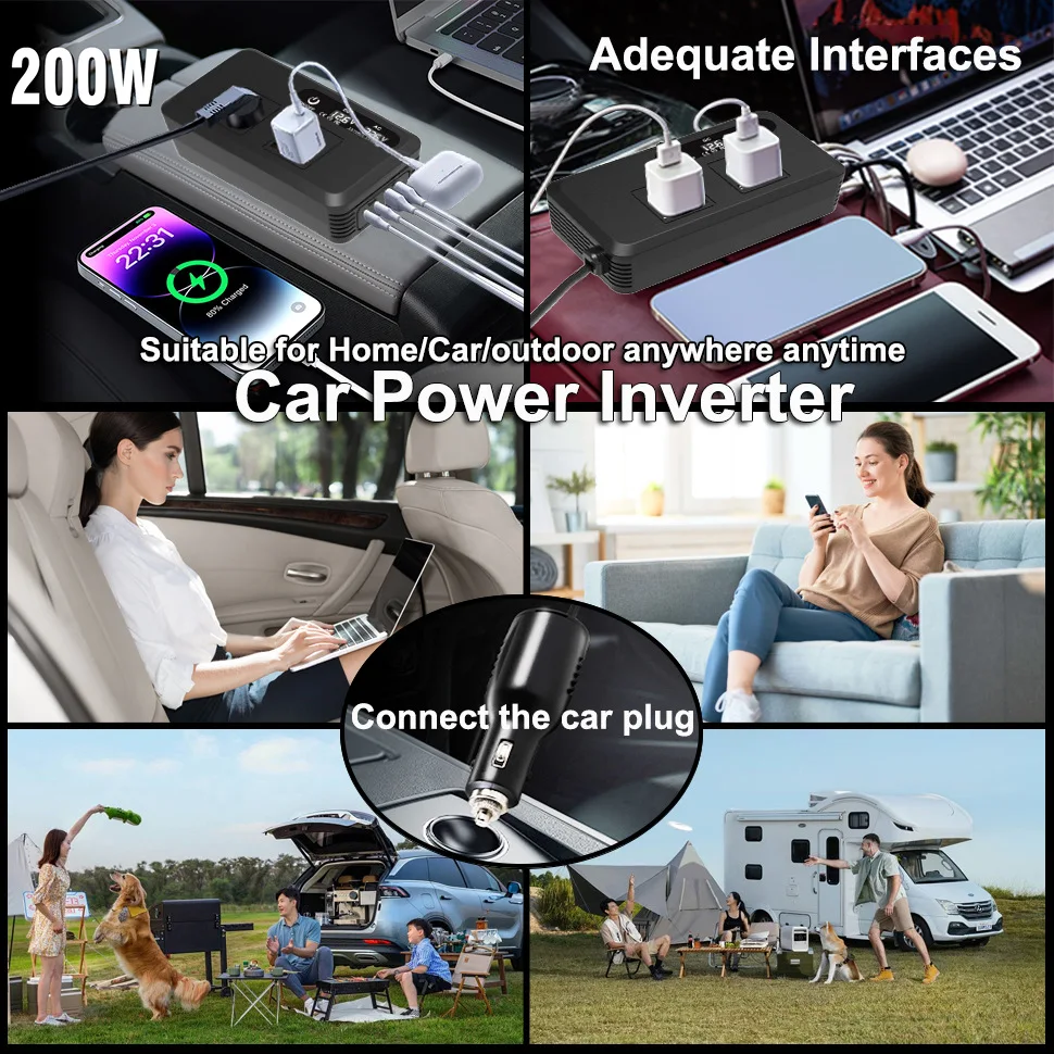400W Car Power Inverter (Peak), 200W Car Power Inverter, Modified Wave, Rated Power 200W Inverter, Car Power Inverter 12V to 220V, Cigarette Lighter Conversion Socket, Universal for Cars and Trucks, Portable Car Adapter, Outdoor Gear, Suitable for Vehicles, Camping, Office, Road Trips. Fast Charging Car Charger.