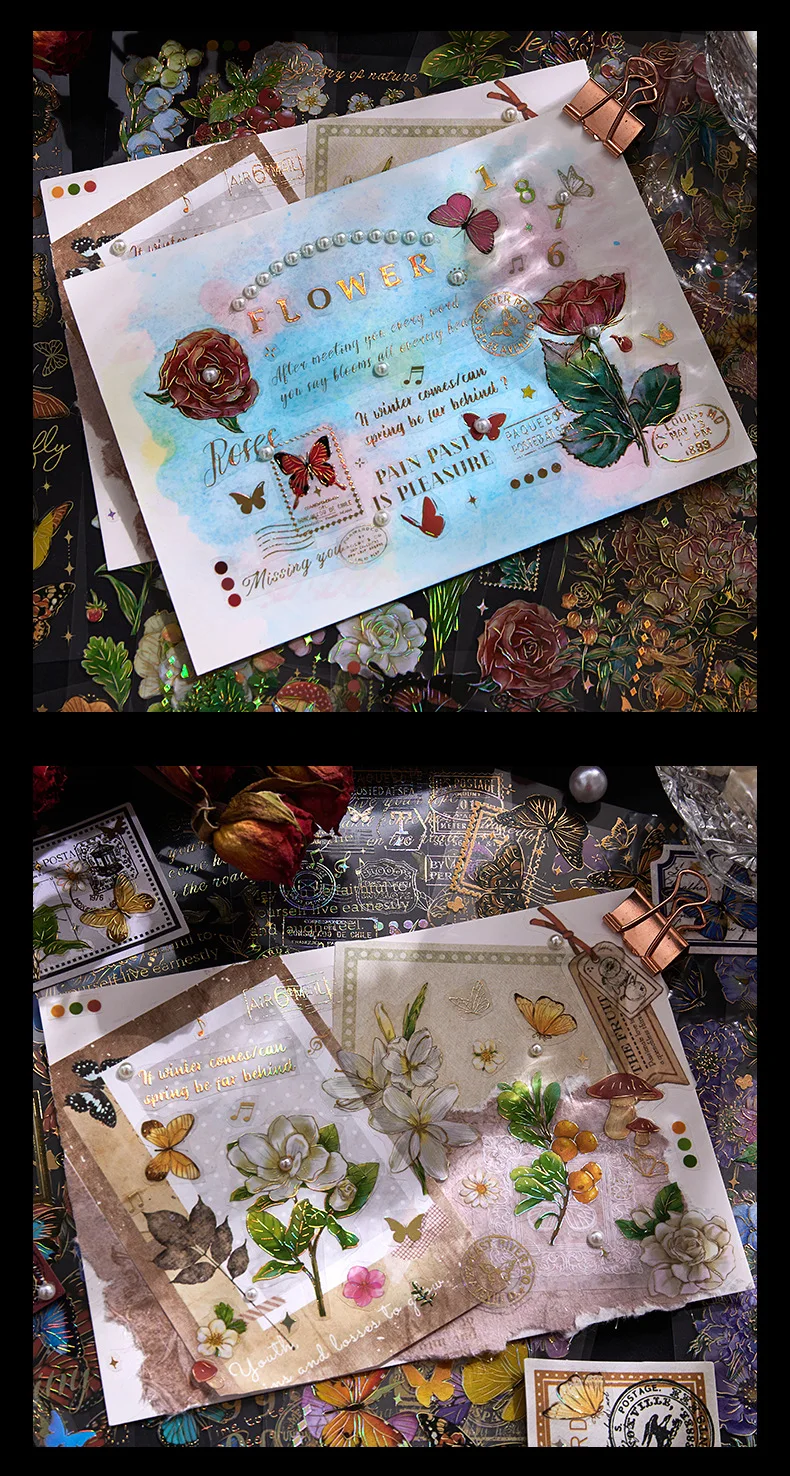 20 Sheets/pack Flowers Plants Letters PET Hot Stamping Gilding Stickers Journal Scrapbook Hand Ledger Decorative Material