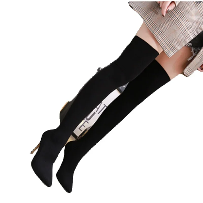 2022 Trend Fashion Stretch Fabric Sock Boots Pointy Toe Over-the-Knee Heel Thin Thigh High Woman Sexy Big Size 35-42 Black Shoes