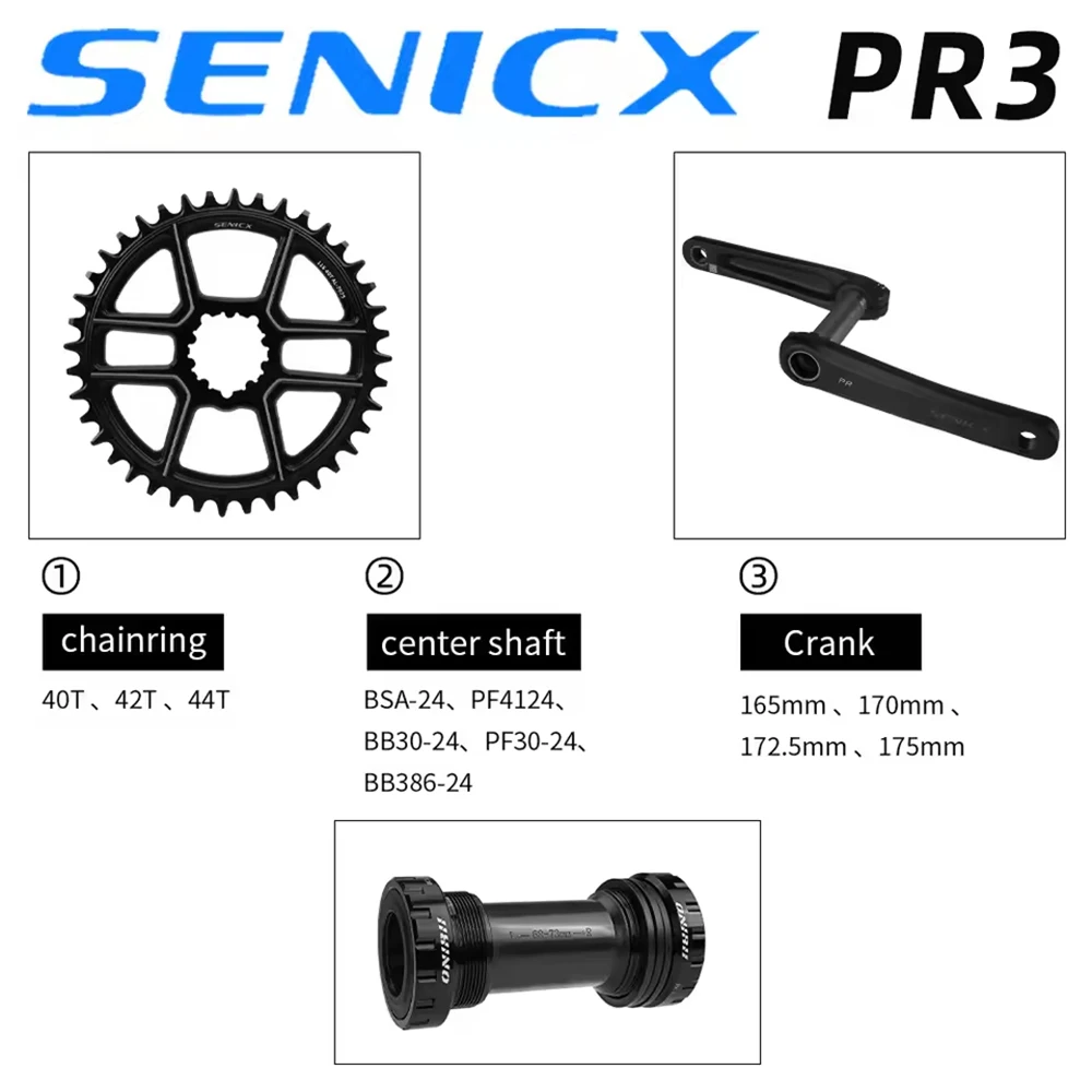 SENICX PR3 Gravel Road MTB Bike Crankset 40T/42T/44T chainring 165mm 170mm 172.5mm 175mm Crank 10/11S Speed BSA24MM ﻿