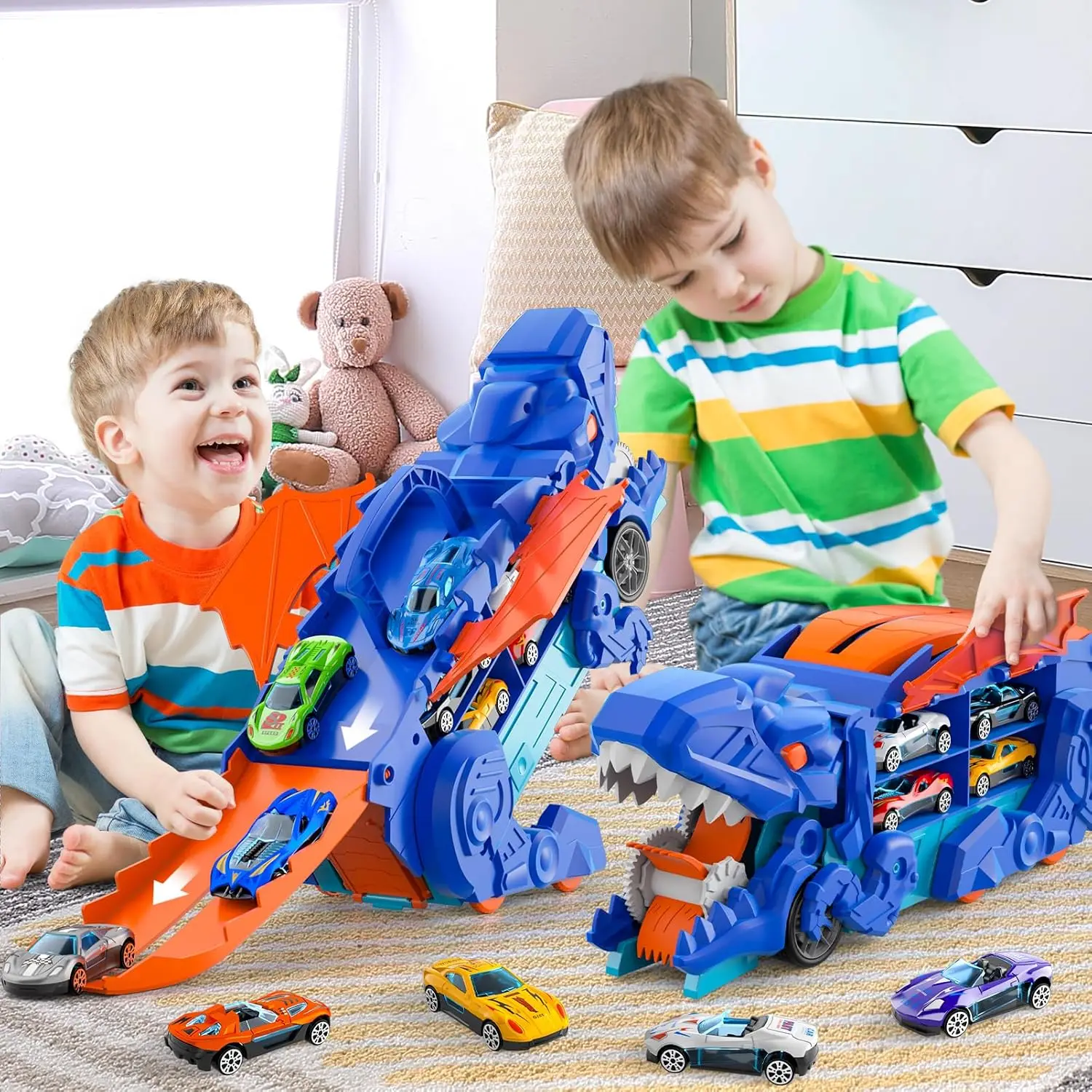 Toddler Truck Toys Cars Track Set Dinosaur Transporter Truck with 8 Die-Cast Car Toys,Transforms into Dino,Toddler Car Toys Set