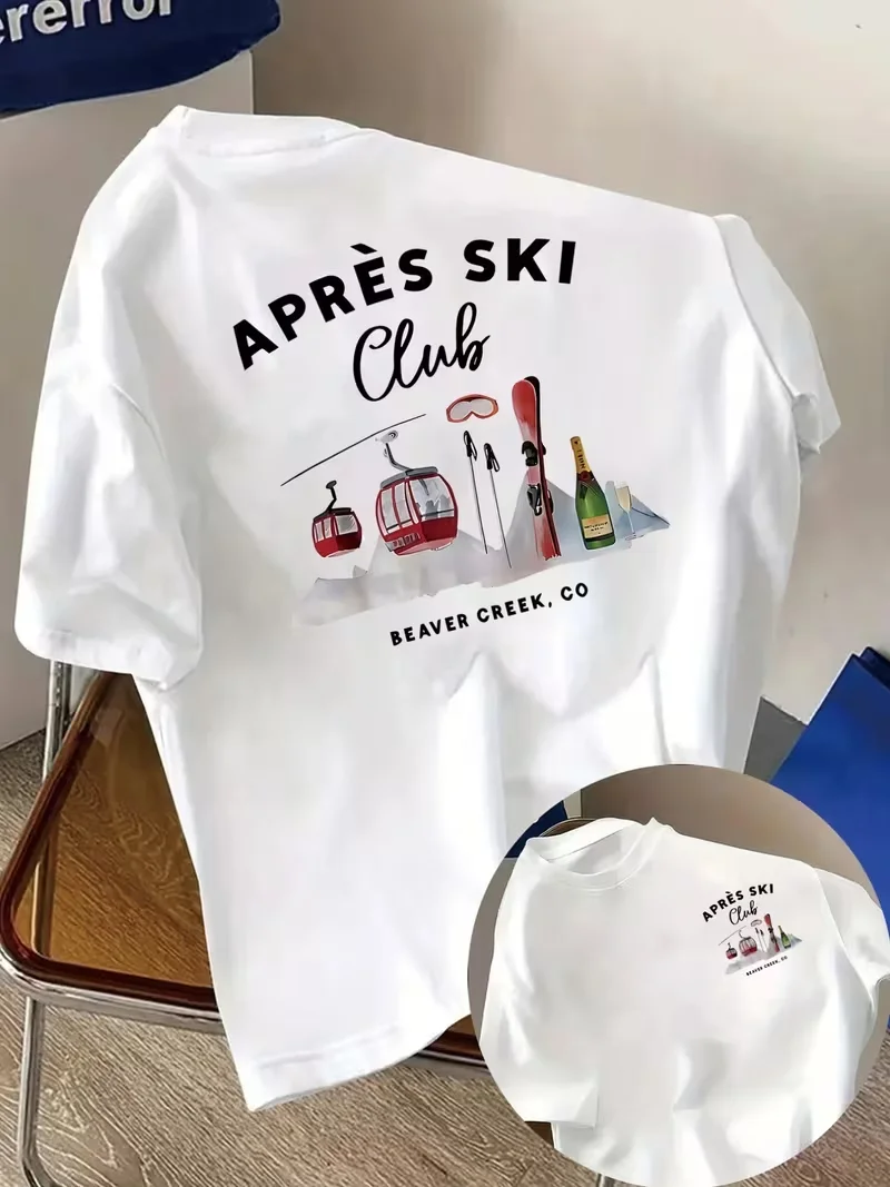 Apres Ski Graphic T-Shirt,Retro Snow Scene Ski Club Print Tee,Casual Round Neck Top for Men Women Apres Ski Vacation Relax Wear