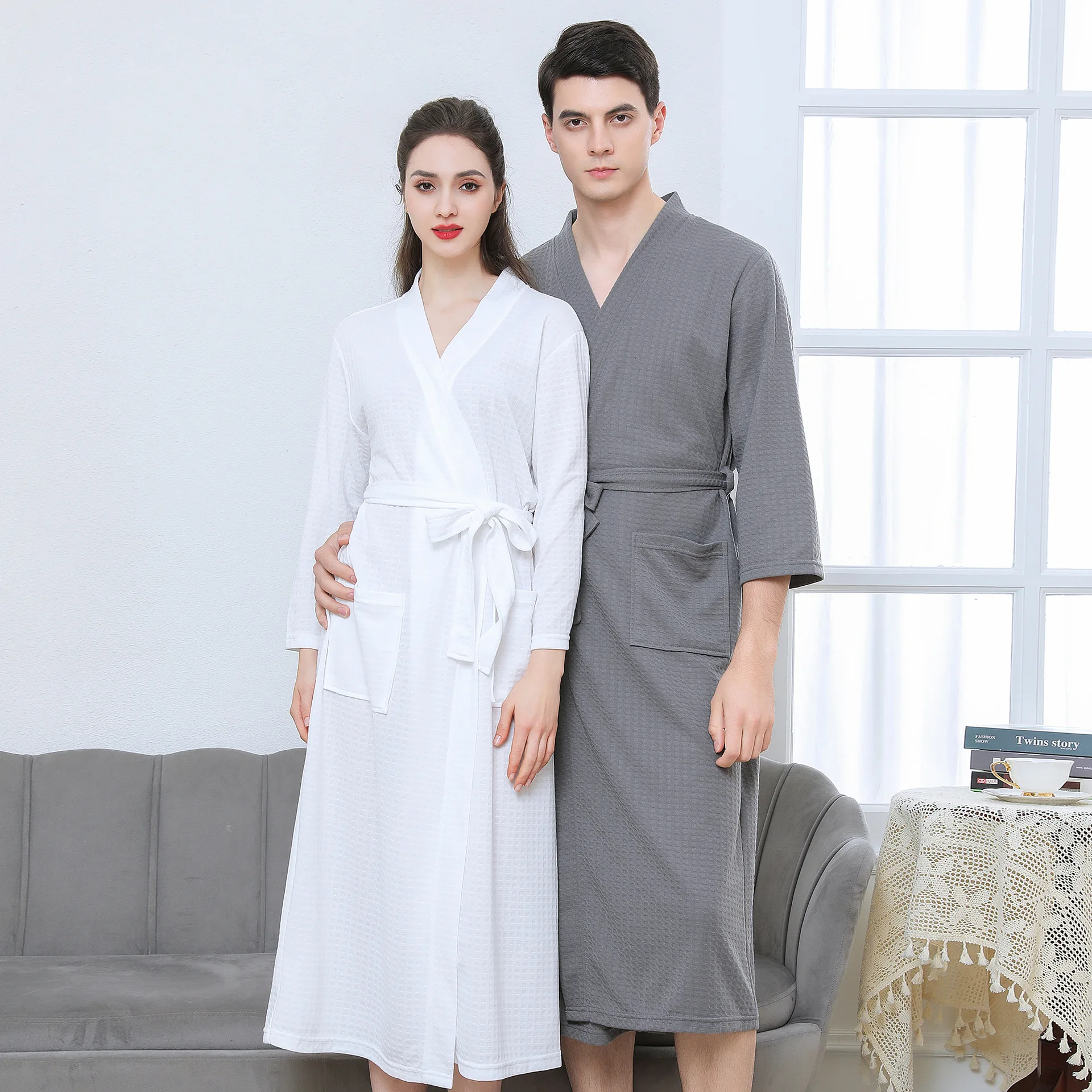 

Spring and Summer Waffle Weave Bathrobe Japanese-Style Kimono Yukata Thin Bathrobe for Men and Women Home Wear Couple Sleepwear