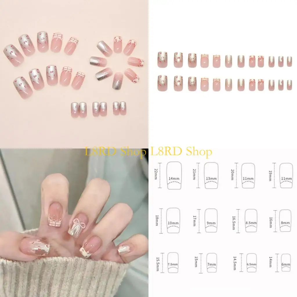 

L8RD Leopard Press on Almond False Full Cover Decors French Tips Bowknot on For Elegant Look 24Pcs