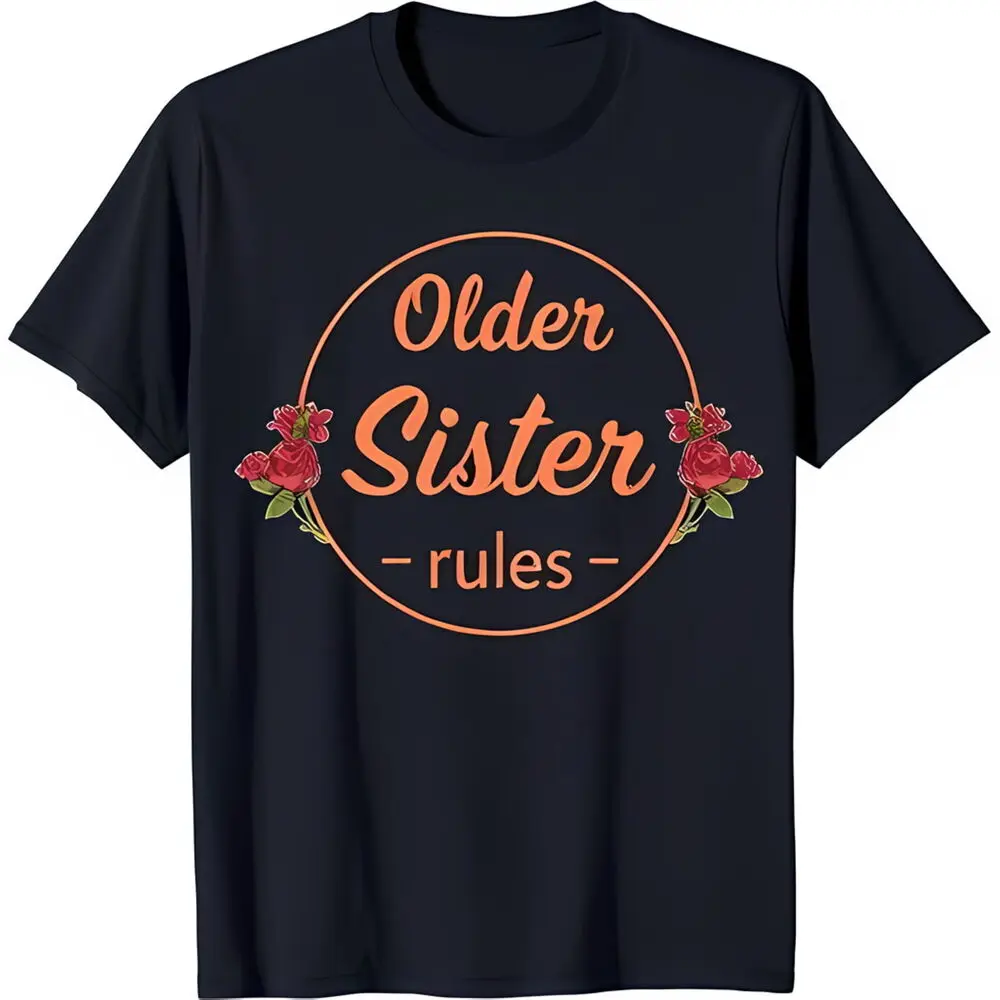 Stylish Black T-Shirt with 'Older Sister Rules ' Graphic & Roses