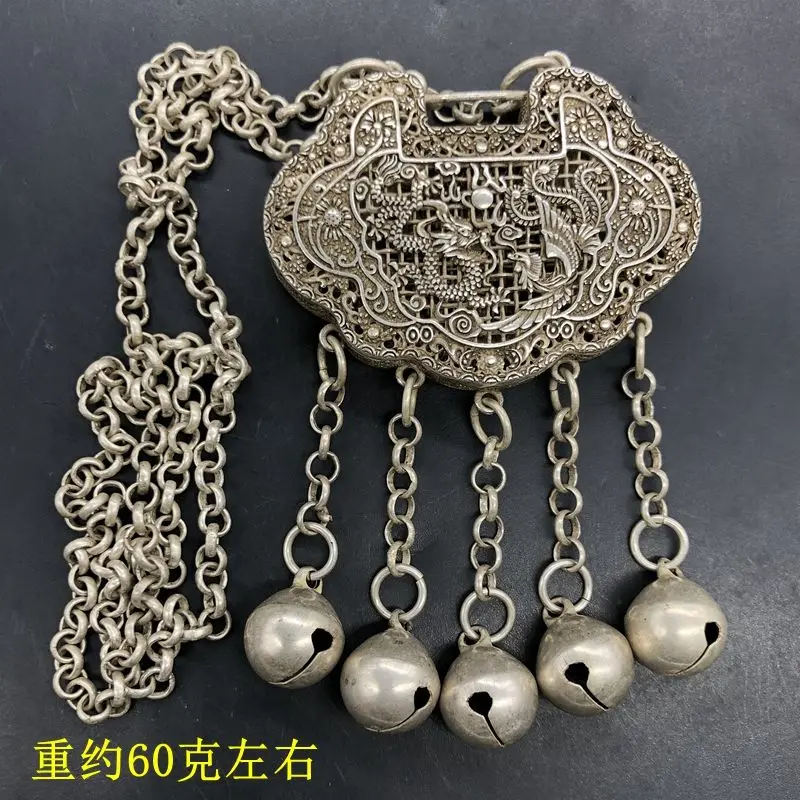 Chinese vintage hollowed-out dragon and phoenix silver lock placket lock pendant