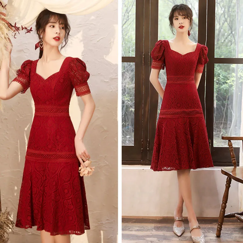 DongCMY Wine Red Usually Can Be Worn Homecoming Dresses Small Dress Daily Dress Lace Autumn Party Dresses For Special Events