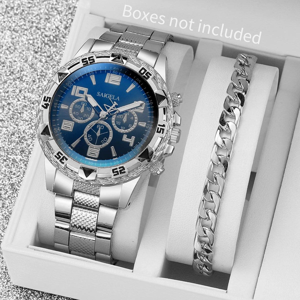 2 قطع أزياء رجالي الفولاذ المقاوم للصدأ الساعات الفاخرة الكوارتز ساعة اليد رجال الأعمال الساعات سوار مجموعة Reloj Hombre (بدون صندوق)