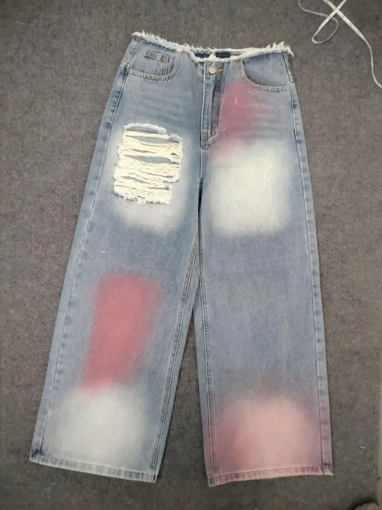 2025 nuovi jeans da donna larghi, in difficoltà, tinti in cravatta, strappati a gamba dritta, pantaloni lunghi, jeans casual