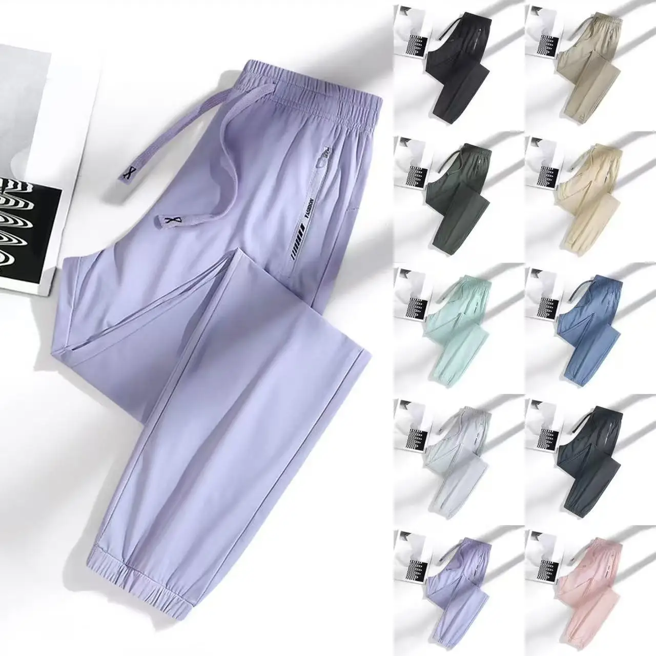 

Красивые мужские дышащие свободные спортивные повседневные прямые длинные брюки с манжетами, однотонные брюки с карманами на молнии