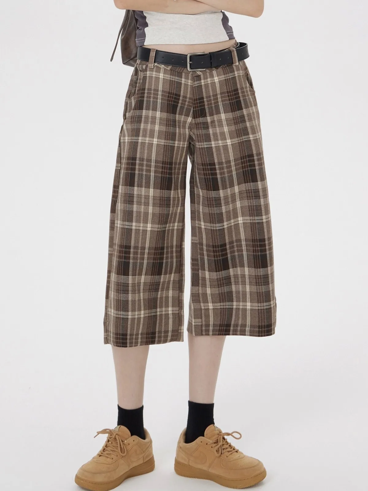 ZHISILAO New Vintage Plaid Knee Length Pants Women Casual Lattice Low Waist Wide Leg Trousers Summer 2024