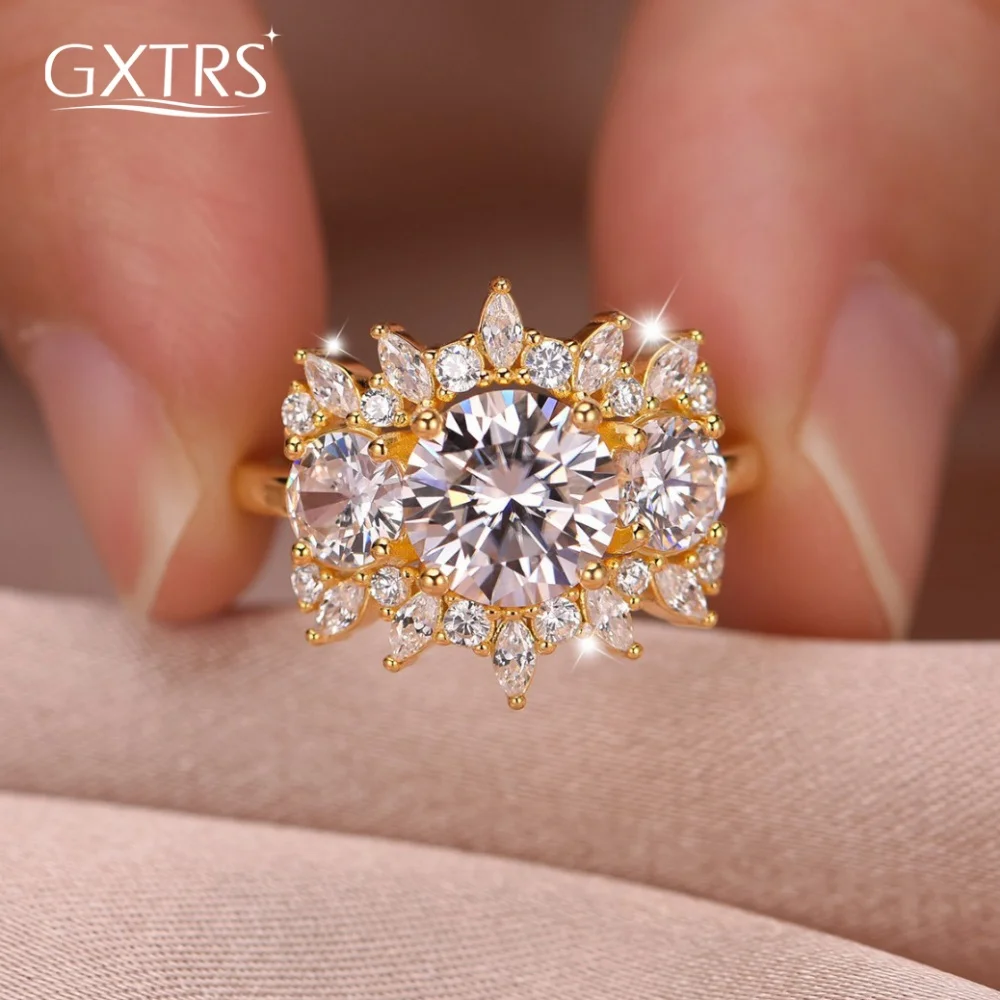 

GXTRS Luxury 2CT Moissanite Ring For Women 925 Sterling Silver Flower Lab Diamond Wedding Band 18K Plated Fine Jewelry Certified