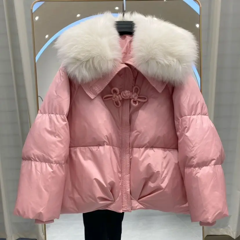 

2023 White Duck Down Jacket Winter Women Warm Loose Coat Natural Real Fox Fur Collar Thick Luxury Outerwear New Fashion Y80