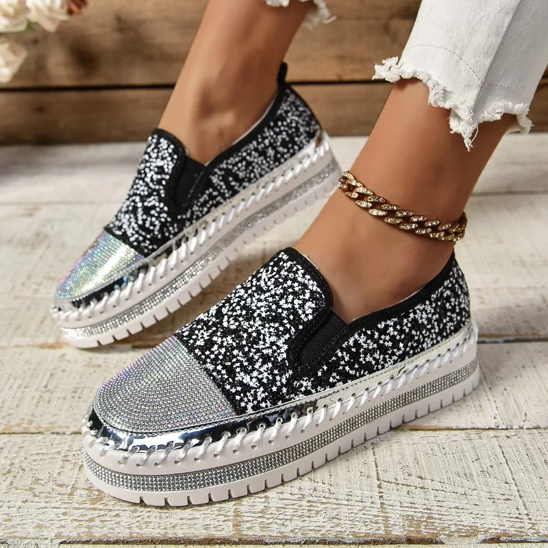 Women Sequins Sneakers Fashion Lace Up Platform Loafers Platform Anti-slip Casual Comfortable Sneakers Women Zapatos De Mujer