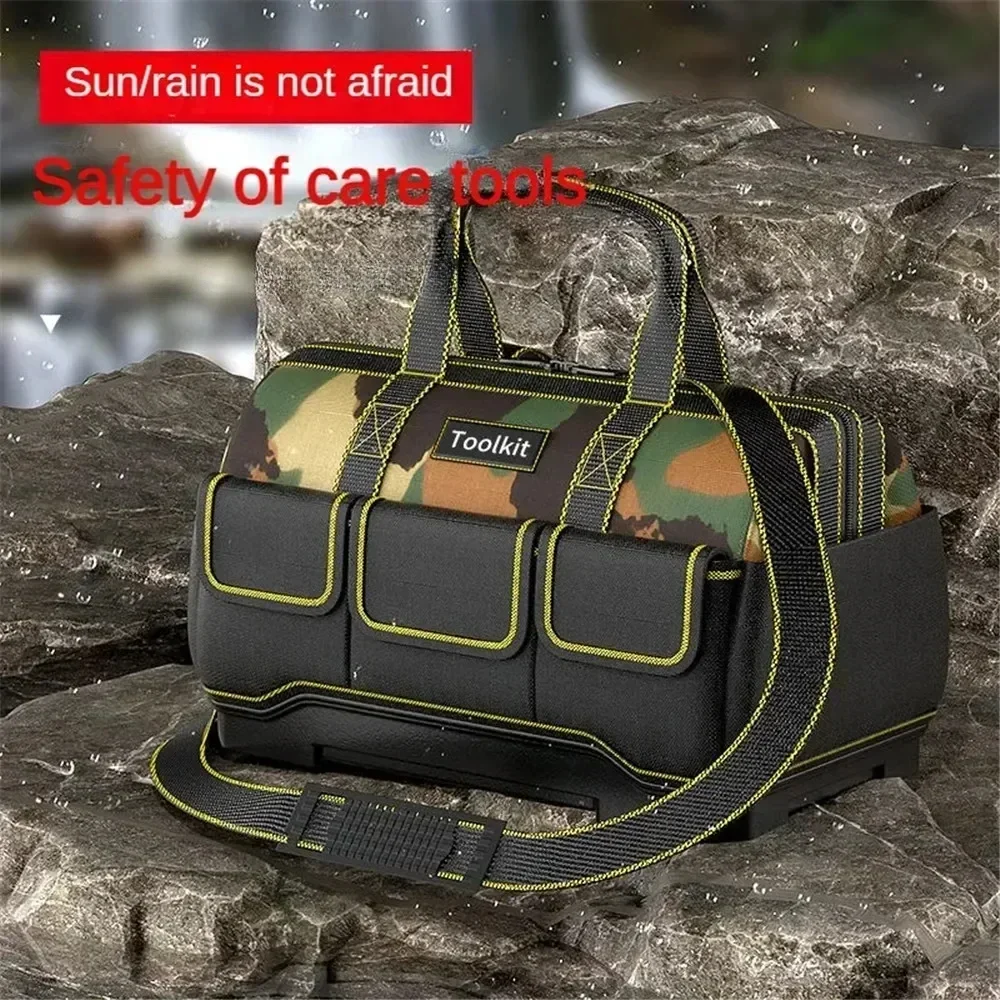 Camouflage Electrician Tool Bag with Plastic Bottom Multiple Pockets Waterproof Wear-resistant Strong Tool Storage Toolkit