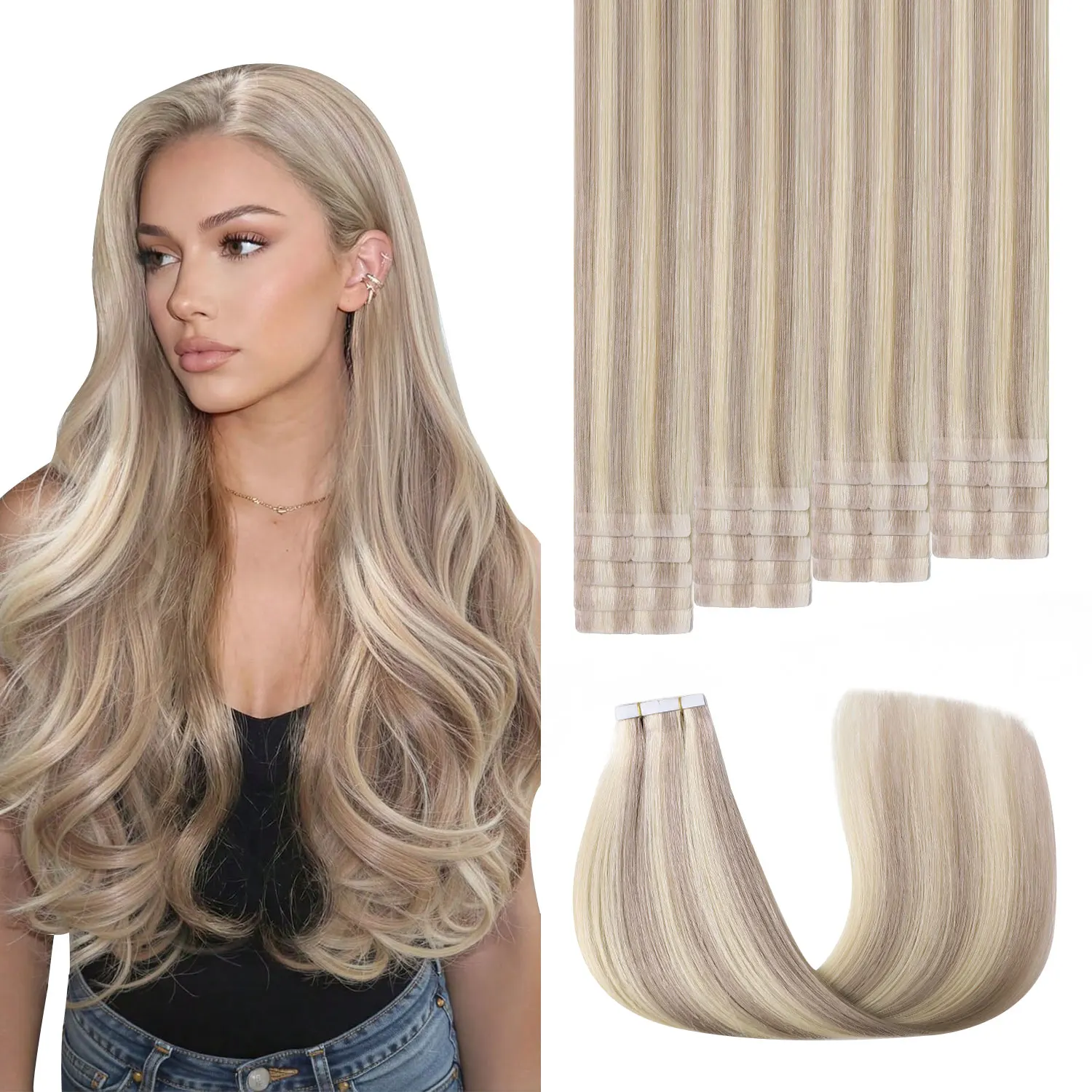 

Injection Tape in Hair Extensions Real Human Hair #18p613 Ash Blonde with Bleach Blonde 20pcs Invisible Tape ins Extensions
