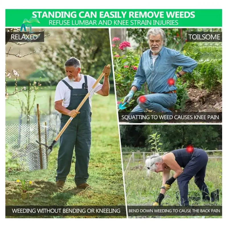 A40Z-46 Inch Weed Puller Tool With Long Handle, Bamboo Grip & 4 Claw Steel Head, 3-Section Design For Stand Up Gardening Tool