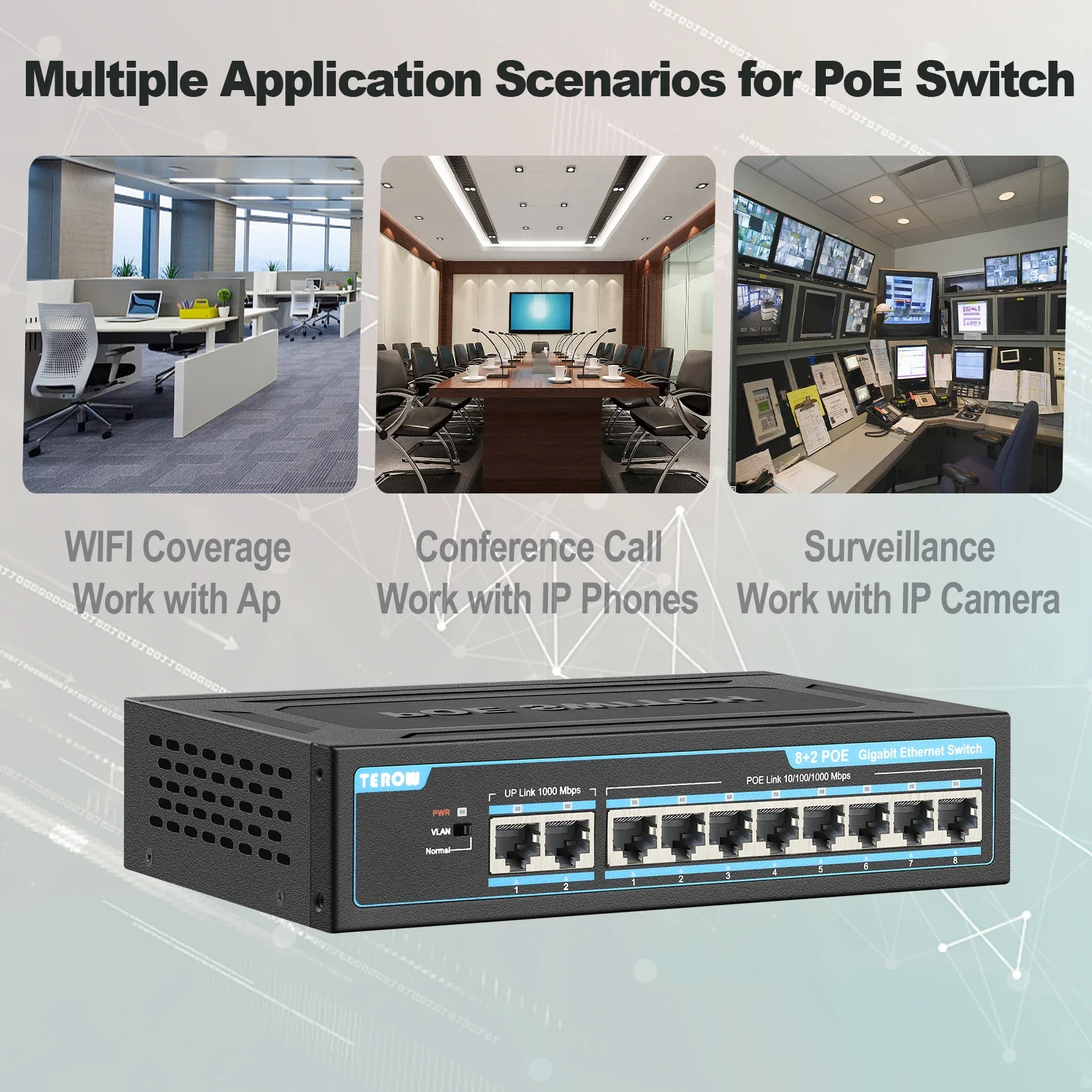 Terow PoE Switch 8พอร์ตกิกะบิตสวิตช์อีเธอร์เน็ต WIFI สมาร์ทวิช1000mbps ฮับ RJ45เราเตอร์อินเตอร์เน็ตสำหรับกล้อง IP/เราเตอร์อินเตอร์เน็ตไร้สาย