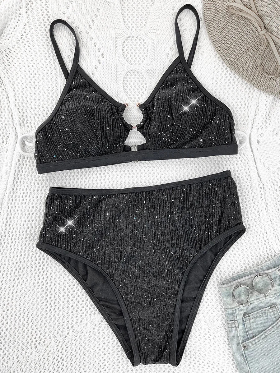 Glitter Sparkling Cut Out Female Swimsuit High Waist Bikini Women Swimwear Two-pieces Bikini Set Trend Bathing Suit Swim Lady