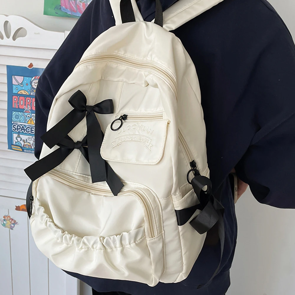 Fashion Backpack Nylon Bow Teen Girls School Bags Aesthetic Rucksack Multi-Pockets Sweet College Students Bookbag Campus Daypack