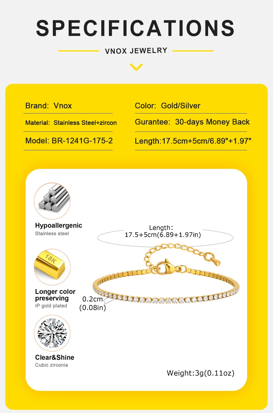 Vnox Luxus zierliches AAA Zirkon Kristall Armband für Frauen Mädchen, Edelstahl 2mm-5mm breites Armband, Hochzeit Schmuck Party Geschenk – Detail 9
