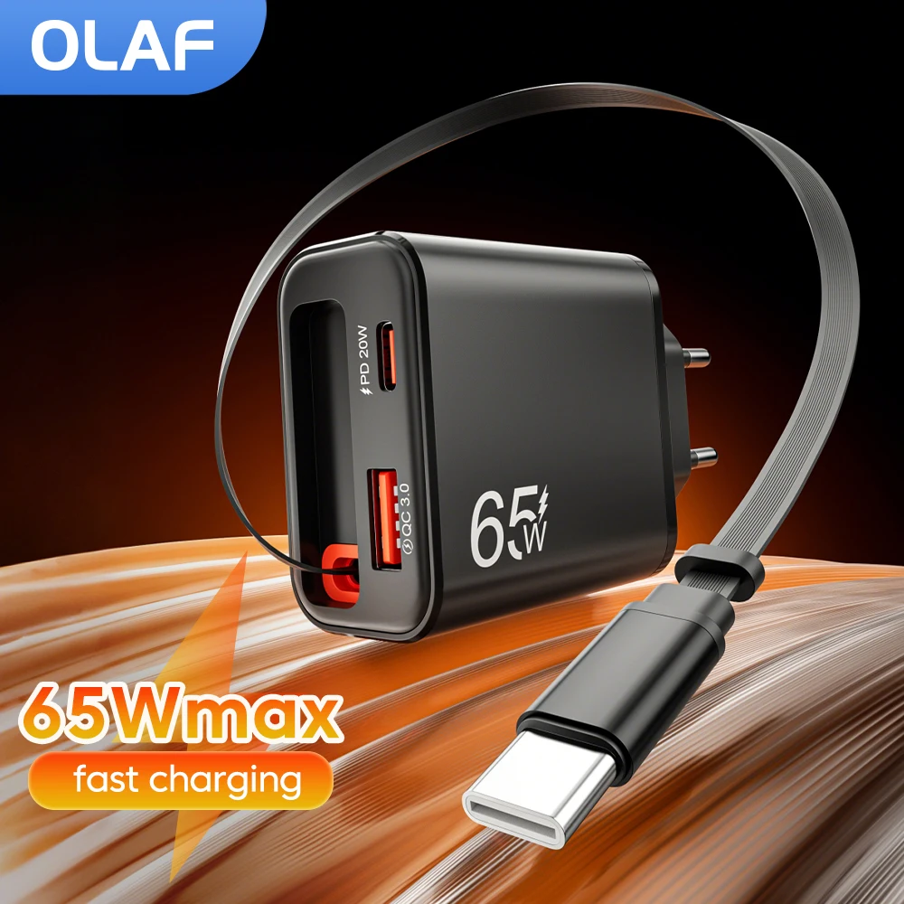 

Зарядное устройство USB Type C мощностью 65 Вт с выдвижным кабелем USB C, адаптер быстрой зарядки PD USB C для iPhone, Xiaomi, Huawei, зарядное устройство Type C