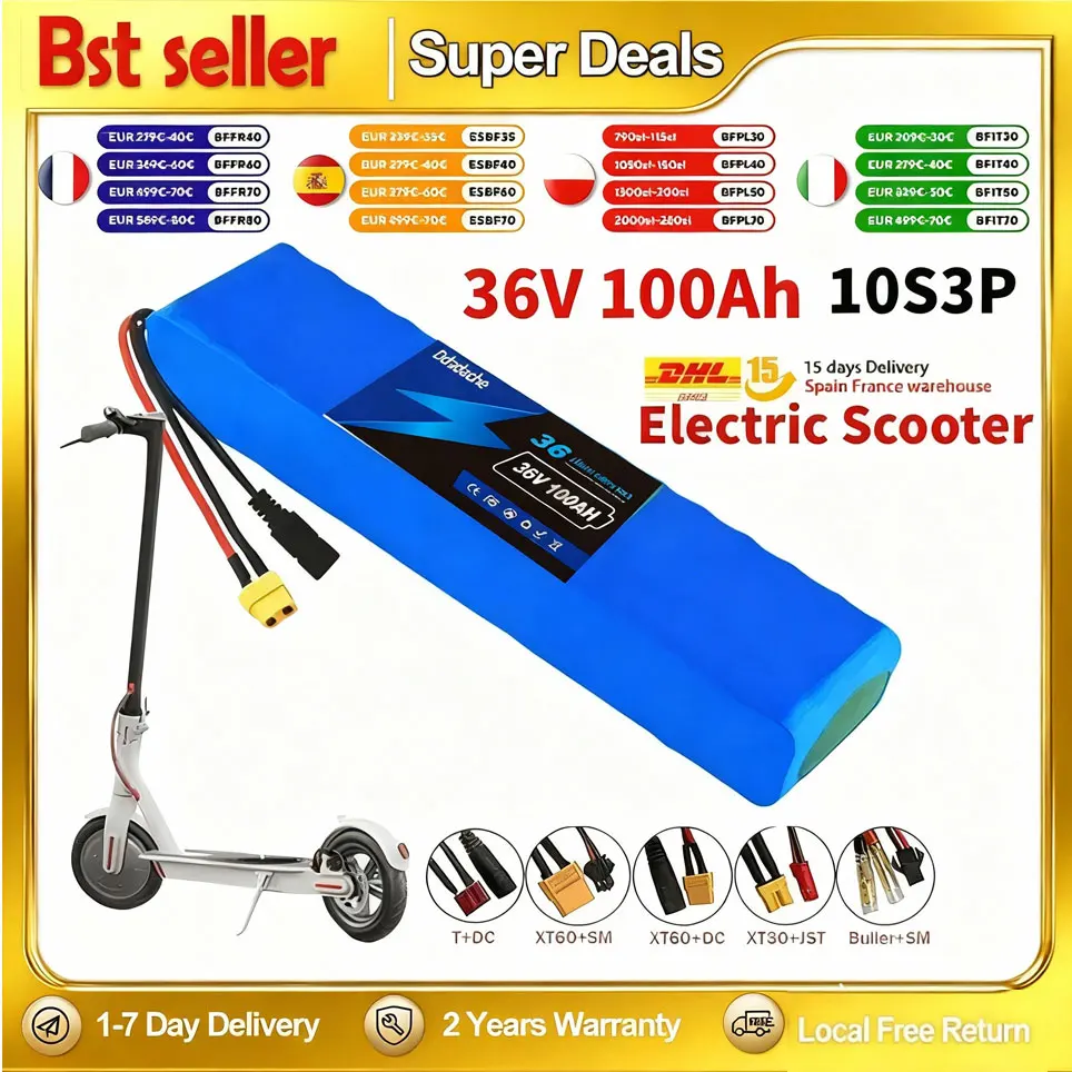 36V 18650 Wiederaufladbarer Lithium-Ionen-Akku 100Ah 10S3P mit BMS für 1000W E-Bike Elektrofahrrad Roller Motorrad Motorantrieb
