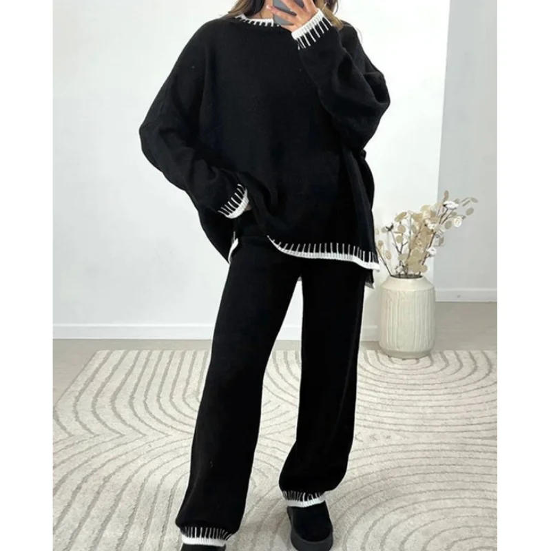 

REALEFT Autumn Winter 2 Pieces Women's Outfits Sets Knitted Tracksuit Patchwork O-Neck Sweater and Straight Jogging Pants Suits