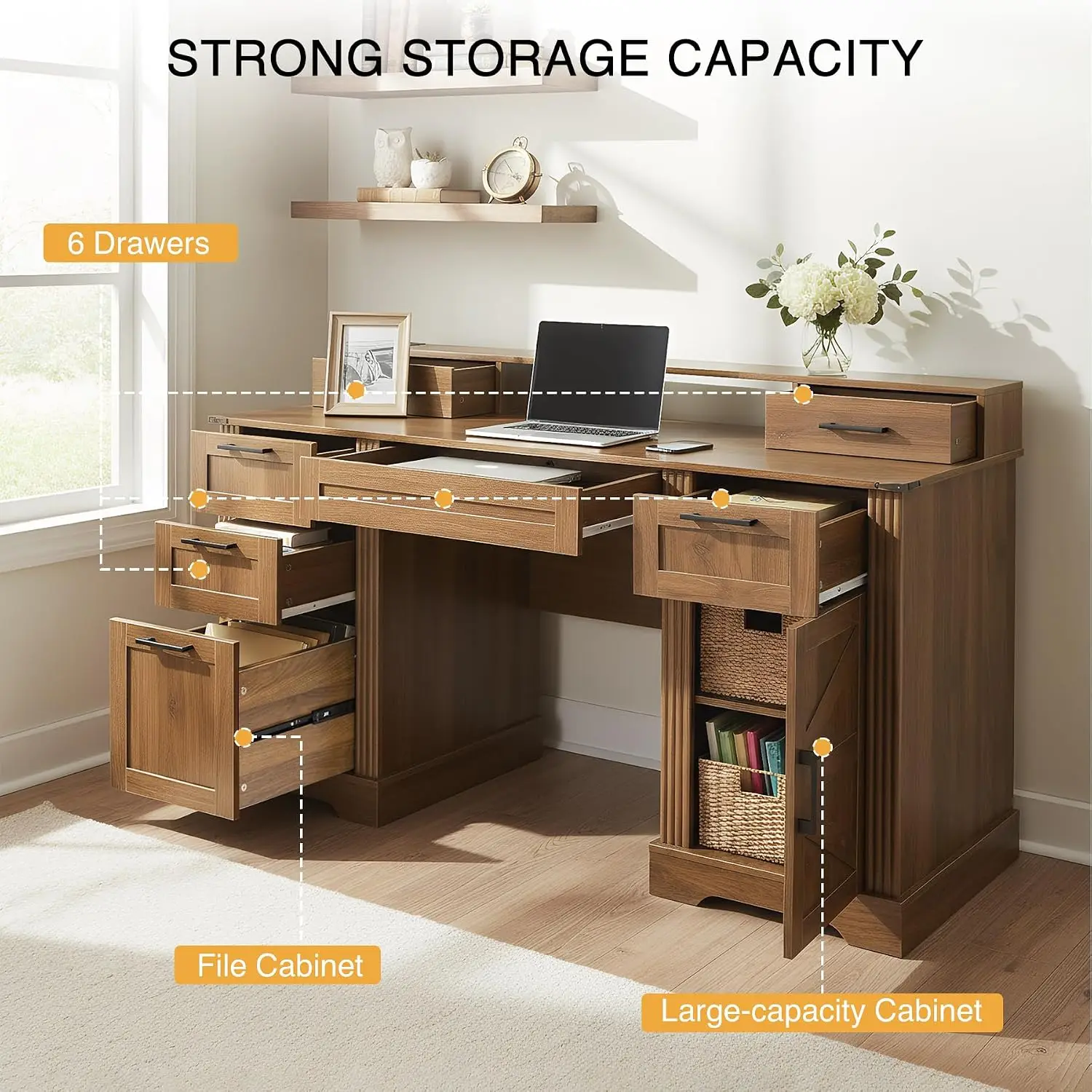 Farmhouse Executive Desk Hutch, 6 Drawers & File Cabinet, Charging Station, Home Office Study Bedroom 59.5