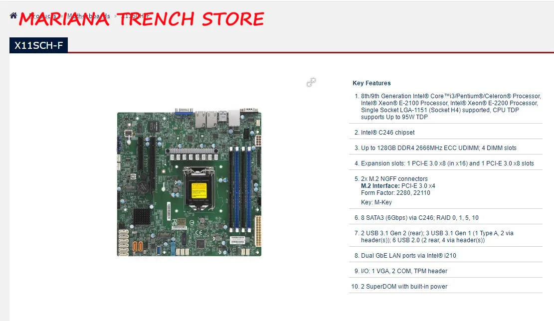 X11SCH-F for Supermicro Motherboard 8th/9th Gen. Core i3 Single Socket LGA-1151 Xeon E-2100 E-2200 Processor Dual GbE LAN