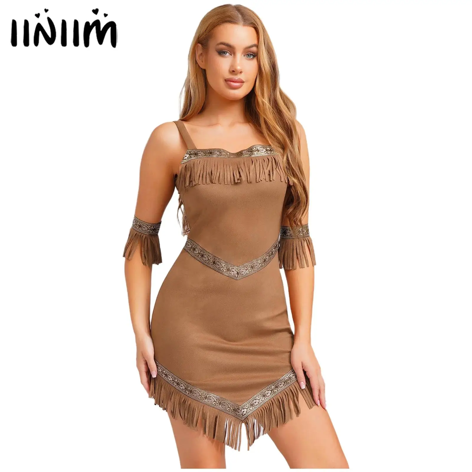 

Womens Native Tribe Princess Cosplay Dress with Armbands Indian Indigenous Caveman Savage Halloween Costumes Retro Tassel Dress