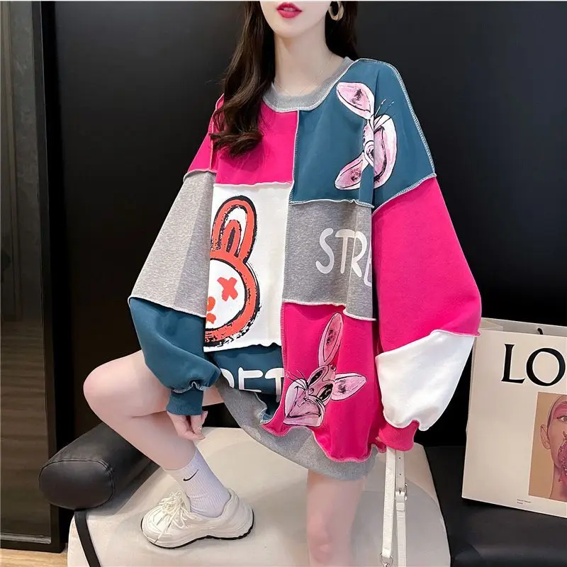 Women\'s Loose Mid Length Hatless Sweater Korean Version Spring And Autumn New Round Neck Large Size Top Trendy Clothes For Teens