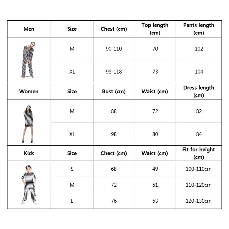 Damen Herren Kinder Gruseliges Zombie-Gefängnis Jailbird-Kostüm Schwarz Weiß Gestreift Halloween Purim-Kostüme Kostüm