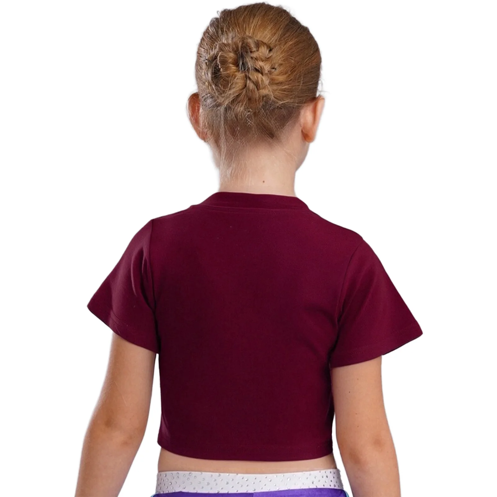 Kids Girls Contrast Color Trim Crop Top Hip-Hop Jazz Dance Cycling Sports Shirt Round Neck Short Sleeve T-shirt