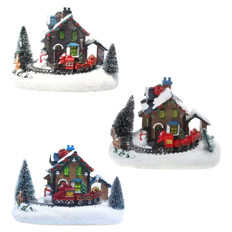 Glowing House Christmas Small Train Village House Luminous Landscape Snow Figurines Resin Desktop Ornament Decoration