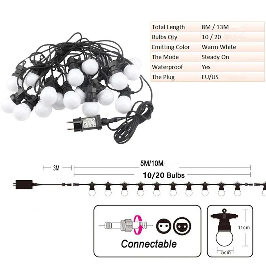 8m/13m led globo bola lâmpada luzes da corda ao ar livre à prova dwaterproof água guirlanda de natal luzes de fadas para festa de casamento jardim pátio decoração