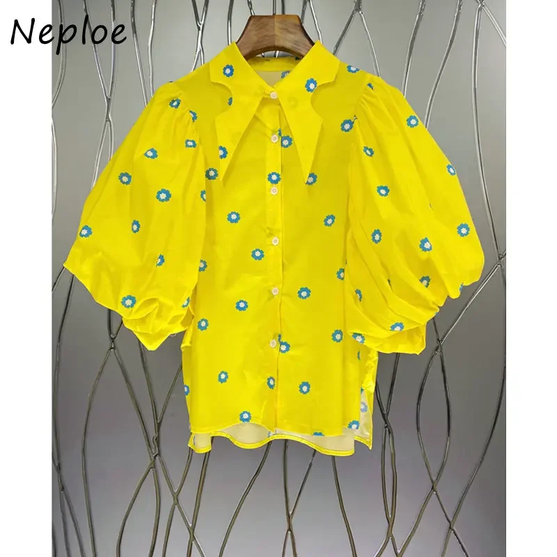 Neploe Chic Sweet Shirt 2024 Summer Light Mature Vintage Blouses Foreign Style Versatile French Puff Sleeve Pointed Neck Blusas