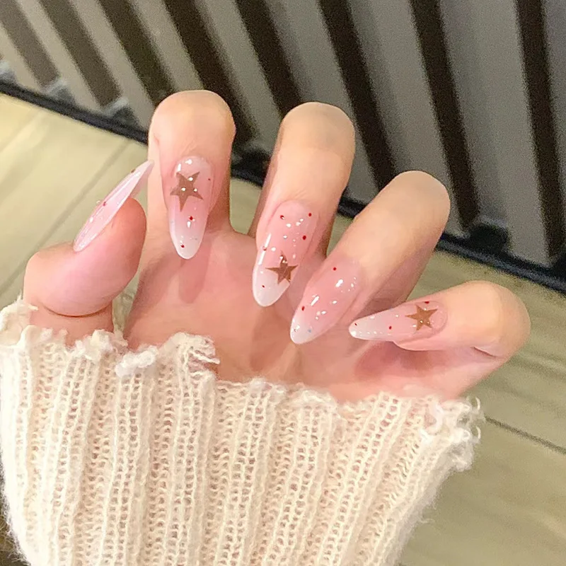 24Pcs Y2K Star False Nails Nude Pink Color Almond Press on Nails Sweet Girls Wearable Full Cover Fake Nails Tips DIY Manicure