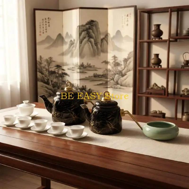 E28F 2-Piece Covered Beverage Set with Larger and Smaller Enamel Vessels for Matching Water and Tea Service During Meals