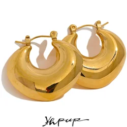 Yhpup Rust Proof Stainless Steel Geometric Chunky Unusual Hoop Earrings for Women Gold Color PVD Texture Charm Stylish Jewelry