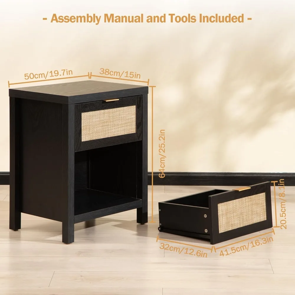 Rustic Rattan Nightstand, Farmhouse Style Drawer Night Stand, Bohemian End Side Table for Bedroom, Compact Space, Black Oak Fini